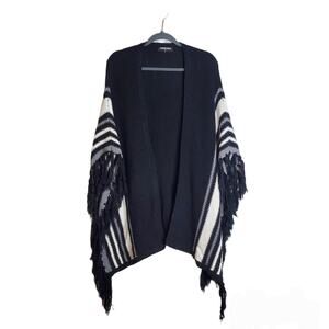 Black White Striped Knit Open Front Fringe Poncho Cardigan M/L Cozy Layer Wrap